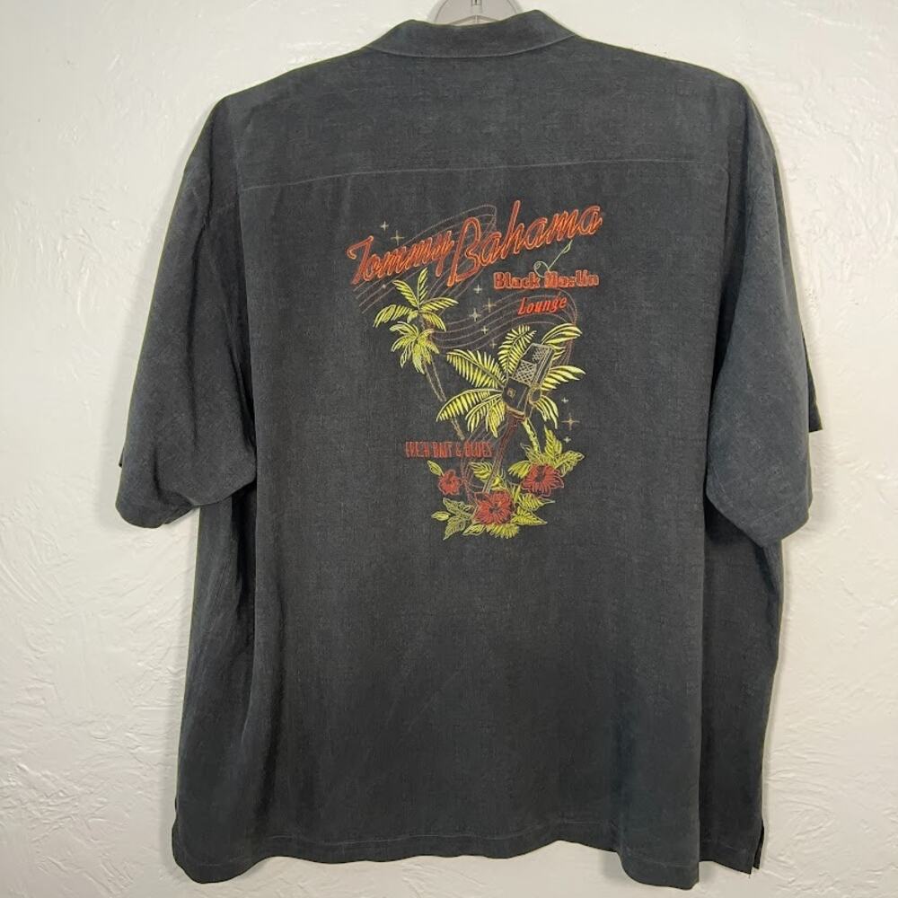 Tommy Bahama Black Marlin Lounge Silk Camp Shirt 2XL Charcoal Embroidered